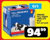 UBRAND FULL CREAM LONG LIFE MILK 6X1 Ltr per pack