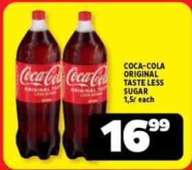 Coca Cola Original Taste Less Sugar 1.5L(drink fizzy)