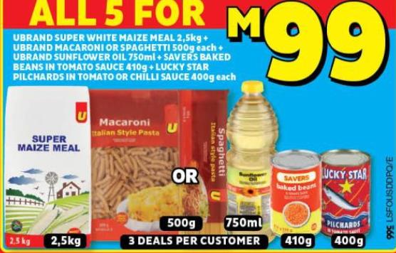 combo -UBRAND SUPER WHITE MAIZE MEAL 2,5kg UBRAND MACARONI OR SPAGHETTI 500g nach UBRAND SUNFLOWER O