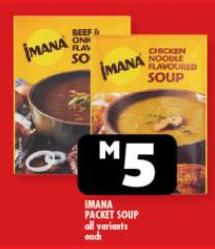 Imana Packet Soup, available in Beef & Onion and Chicken Noodle variants