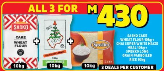 (phoofo ea combo)SASKO CAKE WHEAT FLOUR 10kg + UBRAND SUPER WHITE MAIZE MEAL 10kg + AUNT CAROLINE LO